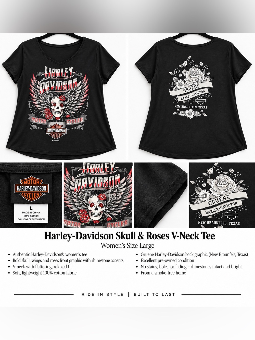 Harley-Davidson Black V-Neck Tee with Skull, Wings & Red Rose Accents